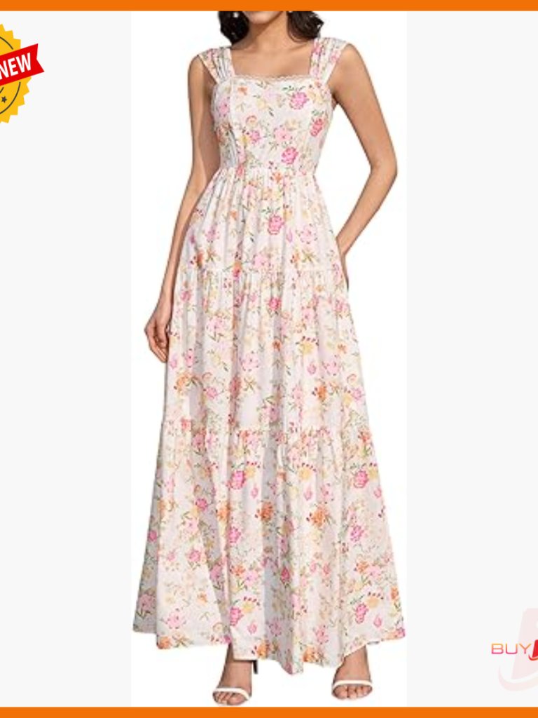Floral Maxi Dress Lace Up Square Neck Flowy Summer Wedding Guest